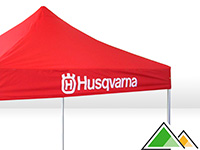 Rode easy-up tent 3x3 met bedrukking Husqvarna op de volants